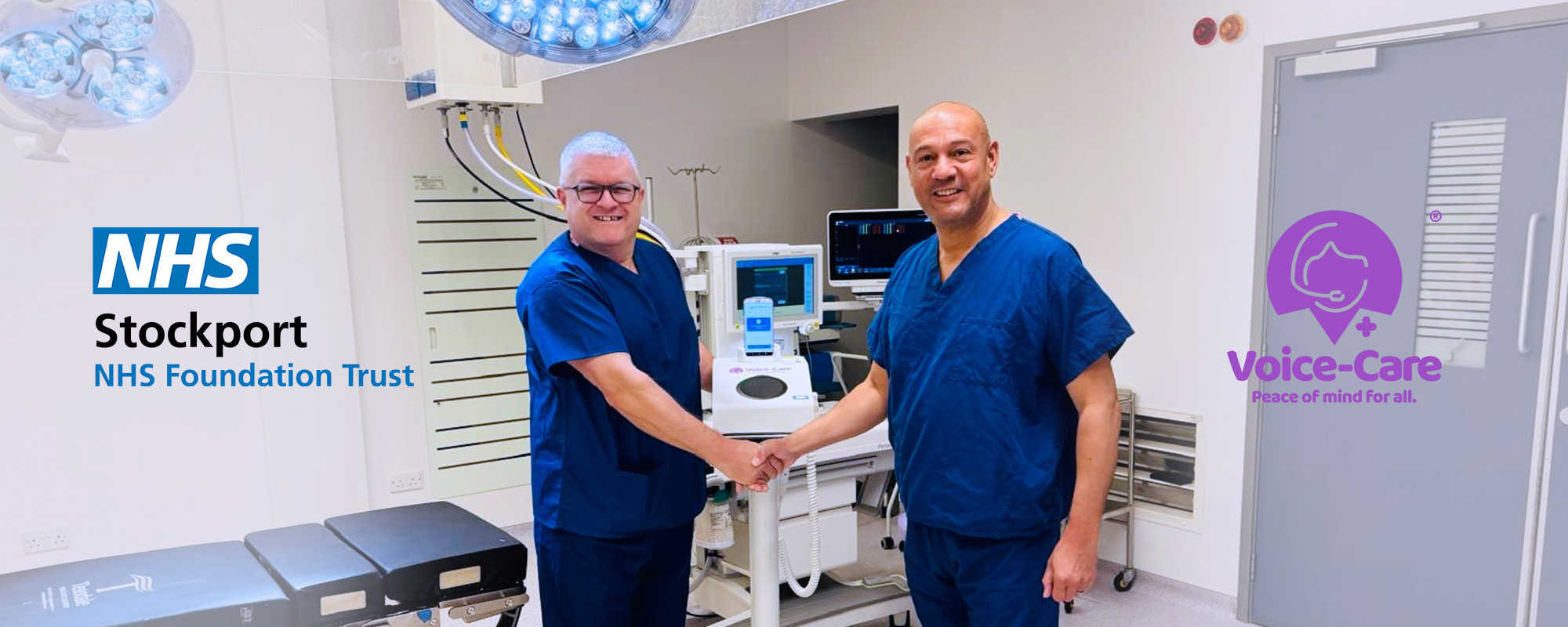 Dr. Nigel Roberts, Associate Divisional Director for Theatres, Critical Care and Anaesthetics at Stockport NHS Foundation Trust pictured with Executive Director at Voice-Care, Philip Jarrett